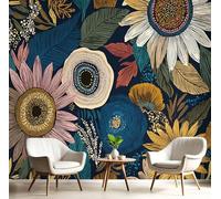 DLERFLOVR Carta da parati Girasole Disegnato A Mano, 450x315cm Fotomurali in Seta Stile Bohémien Decorazione da Muro XXL Poster Gigante Design per Ufficio TV Sfondo, Marina