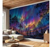 DLERFLOVR Carta da Parati in Seta, 450x315cm Fotomurali Paesaggio Invernale Decorativo Sfondo Aurora Boreale Carta da Parete Decorazione da Parete per Soggiorno Camera Ristorante, Blu-Viola