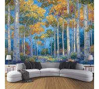 DLERFLOVR Carta da Parati Panoramica Dipinto Ad Olio Una Foresta Nel Tardo Autunno Fotomurali in Seta Foresta Pioppi Decorazione da Parete per Soggiorno, Camera da Letto, Studio, 250x175cm, Blu