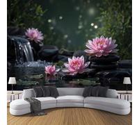 DLERFLOVR Carta da Parati Panoramica Stile Zen 450x315cm Fotomurali in Seta Loto Di Ciottoli XXL Poster Gigante Design Decorazione da Parete per Soggiorno Camera Ristorante Camera dei Bambini, Verde