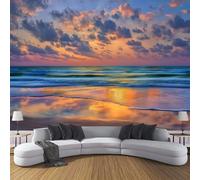 DLERFLOVR Carta da Parati Panoramica Tramonto Sulla Spiaggia, Fotomurali in Seta Spiaggia Calma XXL Poster Gigante Decorazione da Parete per Soggiorno, Camera, Ristorante, Arancia, 300x210cm