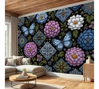 DLERFLOVR Carta da Parati Patchwork Tradizionale, 350x250cm Fotomurali in Seta Farfalle E Fiori XXL Poster Gigante Design Decorazione da Muro per Camera da Letto, Soggiorno, Bagno, Verde Salvia