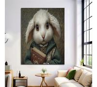 DLERFLOVR Decorazione da Parete Coniglio Bianco Che Tiene Un Libro, 50x70cm Stampa su tela Dipinto Ad Olio D'Epoca Quadri su tela Poster da Parete per Camera da Letto Bagno Ristorante, Verde Salvia