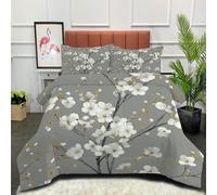 DLERFLOVR Piumino Letto Albero Dai Fiori Bianchi Matrimoniale 4 Stagioni 200x200cm - Piumone Autunnale Invernale Fiori Retrò Trapunta Traspirante e super morbido con 2 Federe, Grigio Antracite