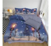 DLERFLOVR Set Copripiumino Matrimoniale 200x200cm Set di Biancheria da Letto Alberi Di Natale E Lampioni Copripiumino Stile Di Animazione con Federe Cuscino e Cerniera per 4 Stagioni, Blu