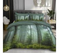 DLERFLOVR Set Copripiumino Matrimoniale 220x240cm, Copripiumino Alberi Alti 3 Pezzi Copri Piumino Foresta Nebbiosa Biancheria da letto Reversibile con Federa Non Stirabiledi per 4 Stagioni, Verde