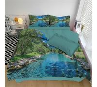 DLERFLOVR Set Copripiumino Montagne E Laghi 200x200cm Parure Copri Piumino Paesaggio Pastorale Reversibile Copripiumino Matrimoniale con Federa, Non Stirabiledi 4 Stagioni, Blu-Verde