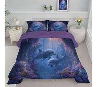 DLERFLOVR Trapunta Letto Matrimoniale Piumino Trapuntato Delfini E Coralli Piumino Reversibile Grotte Oceaniche Leggero e Caldo per Tutte le Stagioni con Federe,200x200cm, Blu Scuro
