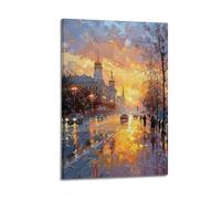 DLJGDS Poster con paesaggio con pittura a olio. All'alba, la gente cammina per strada con la pioggerella. Poster decorativo da parete su tela e decorazione moderna per camera da letto, 60 x 90 cm