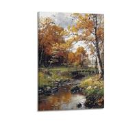 DLJGDS Poster con paesaggio con pittura a olio con alberi e fiume nel parco naturale, decorativo, poster da parete su tela e decorazione moderna per camera da letto (60 x 90 cm)