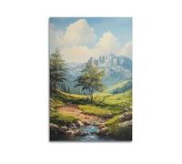 DLJGDS Poster decorativo da parete su tela con panoramica valle di montagna con alberi e ruscello che scorre sotto il cielo sereno, decorazione moderna per la camera da letto, 60 x 90 cm