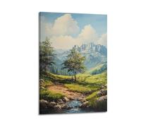 DLJGDS Poster decorativo da parete su tela con panoramica valle di montagna con alberi e ruscello che scorre sotto il cielo sereno, decorazione moderna per la camera da letto, 50 x 75 cm