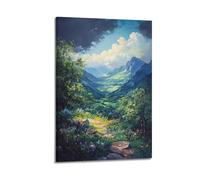 DLJGDS Poster decorativo da parete su tela con panoramica valle di montagna con sentiero e fiori in fiore sotto il cielo drammatico, decorazione moderna per la camera da letto, 30 x 45 cm