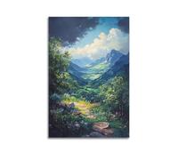 DLJGDS Poster decorativo da parete su tela con panoramica valle di montagna con sentiero e fiori in fiore sotto il cielo drammatico, decorazione moderna per la camera da letto, 30 x 45 cm