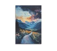 DLJGDS Poster decorativo da parete su tela con sentieri di montagna sotto cieli drammatici con fiori di campo e decorazione moderna per la camera da letto, 60 x 90 cm