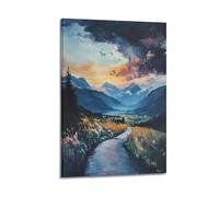 DLJGDS Poster decorativo da parete su tela con sentieri di montagna sotto cieli drammatici con fiori di campo e decorazione moderna per la camera da letto, 60 x 90 cm