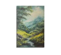 DLJGDS Poster decorativo da parete su tela con valle lussureggiante con ruscello e fiori gialli sotto le montagne nebbiose e decorazione moderna per la camera da letto, 30 x 45 cm