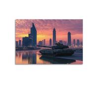 DLJGDS Poster militare con un carro armato contro uno splendido skyline della città al tramonto, realistico e accattivante, poster decorativo da parete su tela e decorazione moderna per la camera da