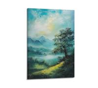DLJGDS Quadro decorativo da parete su tela con paesaggio sereno con montagna, albero e acqua scintillante sotto il cielo morbido, decorazione moderna per camera da letto, 50 x 75 cm
