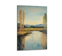 DLJGDS Quadro decorativo su tela con paesaggio sereno con alberi ad alto fusto, campo erboso e acqua riflettente sotto il cielo morbido, decorazione moderna per la camera da letto, 50 x 75 cm