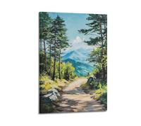 DLJGDS Quadro decorativo su tela con sentiero nel bosco che conduce a maestose montagne sotto il cielo sereno, poster da parete e decorazione moderna per camera da letto, 50 x 75 cm