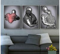 DLKAJFK 3D Amante Romantico Scultura Statua in Metallo Amore Cuore Bacio Immagini murali Donna Africana Nera Pittura Murale Senza Cornice (Poster 03, 3 Pezzi - 40x60 cm)