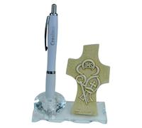 DLM-A1034 Bomboniera prodotta in Italia con portapenna in cristallo completo di scatola e penna Cresima con icona ctocifisso Tao cappello e bastone del vescovo per Ragazzo o Ragazza Santa Cresima