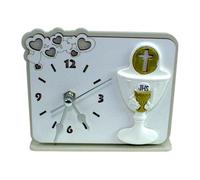 DLM-A1070 Bomboniera utile Orologio in legno cm 11x12x4 linea cuori con icona Calice crocifisso Tao completo di scatola per prima Comunione bambino o bambina made in italy