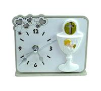 DLM-A1071 Bomboniera utile Orologio in legno cm 11x12x4 linea cuori con icona Bimbo Calice crocifisso Tao completo di scatola per prima Comunione bambino made in italy