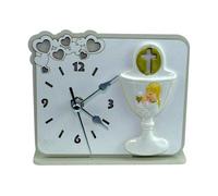 DLM-A1072 Bomboniera utile Orologio in legno cm 11x12x4 linea cuori con icona Bimba Calice crocifisso Tao completo di scatola per prima Comunione bambina made in italy