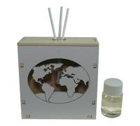DLM-A1291 Bomboniera profumatore a led cm 10x10x4 in legno colore bianco e panna con profumo e scatola modello Mondo Mappamondo utile Diffusore tema Viaggio prodotto in Italia