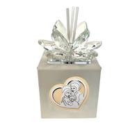 DLM-A1703 Bomboniera Diffusore in ecopelle cm 12x9x9 con fiore in cristallo brillante e icona cuore con Sacra Famiglia utile profumatore per Matrimonio Comunione Cresima
