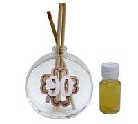 DLM-A883 Bomboniere 12 utili Profumatori tondi in vetro linea Quadrifoglio portafortuna in legno cm 7x6x3 capienza 50 ml più 12 profumi e 12 scatole per 90 Compleanno