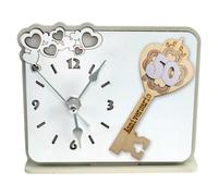 DLM-A937 Bomboniera utile Orologio in legno cm 11x12x4 con cuori e chiave quadrifoglio portafortuna completo di scatola per 50 Anniversario di matrimonio le nozze d'oro