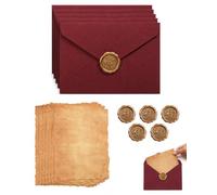 DLPRK Set Carta da Lettere con Busta | 5 Buste Rosso Vino + 5 Sigilli Ceralacca + 10 Fogli Margine Irregolare | Perfetto per Amori, Inviti Matrimonio & Scritture a Mano