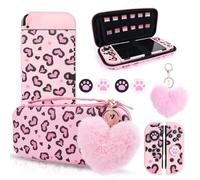 DLseego Custodia Trasporto Compatibile con Switch OLED,Set Stampa Leopardo Custodia Portatile Rigida Guscio Silicone Protettiva Cover,Tappi l'impugnatura Pollice e Charm a Forma Cuore in Peluche,Rosa