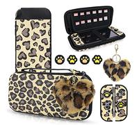 DLseego Custodia Trasporto Compatibile con Switch OLED,Stampa Leopardo Custodia Portatile Rigida Guscio Silicone Protettiva Cover,Tappi l'impugnatura Pollice e Charm a Forma Cuore in Peluche,Marrone