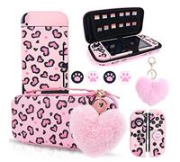 DLseego Custodia Trasporto Compatibile con Switch,Set Stampa Leopardo Custodia Portatile Rigida Guscio con Silicone Protettiva Cover,Tappi l'impugnatura Pollice e Charm a Forma Cuore in Peluche,Rosa