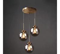 DLSixYi Lampadario Industriale Vintage in Ottone a 3 luci Trasparente/Grigio fumé/Ambra Lampada a Sospensione a Sfera in Vetro Cluster E27 Lampada a Sospensione per Soggiorno con Isola Cucina