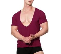 DLSMDOUS Maglietta da Uomo in Modal Morbida Ed Elegante con Scollo a V e Manica Corta Taglio Basso vestibilità Slim e Stretch Vino Rosso L