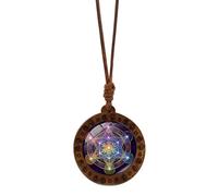 DLUKENY Collana con amuleto esagonale in legno con intricato motivo Sri Yantra, lunghezza regolabile, catena per clavicola, unisex, Materiali misti