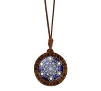 DLUKENY Collana con amuleto esagonale in legno con intricato motivo Sri Yantra, lunghezza regolabile, catena per clavicola, unisex, Materiali misti