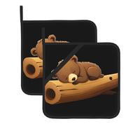 DLXW Tappetino isolante quadrato con stampa di cucciolo di orso marrone che dorme su un tronco d'albero (set da due pezzi) per rimuovere il coperchio della cucina, forni a microonde, forni, con corda