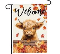 DLZDN Autunno Highland Mucca Giardino Bandiera Zucche Foglie d'Acero Bandiera 30 × 45,7 cm Doppio Lato Verticale Tela Casale Cortile Cartello Autunno Stagionale Benvenuto Esterno Decorazione