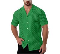 Dmmtot Camicia estiva da uomo lavorata a maglia, con bottoni, a maniche corte, all'uncinetto, comoda, traspirante, casual, con occhielli, da spiaggia, leggera, morbida, taglia S-3XL, #02verde, M