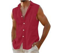 Dmmtot Canottiere estive da uomo in lino senza maniche con bottoni camicia casual canotte in lino guayabera cubano top basic maglietta leggera per vacanze camicia all'aperto taglia S-XXL, Rosso, L
