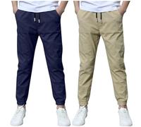 Dmmtot Confezione da 2 pantaloni in lino estivi classici alla moda pantaloni chino con coulisse, pantaloni sportivi leggeri, casual, tinta unita, uniforme scolastica, età 3-13 anni, #01azzurro, 9-10
