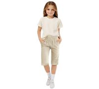 Dmmtot Pantaloni corti estivi da ragazza, casual, in cotone e lino, affusolati, a vita alta, con coulisse, lunghezza al ginocchio, con tasche, per vacanze, viaggi, uso quotidiano, sportivi, età 4-14