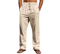 Dmmtot Pantaloni da uomo in cotone e lino con bottoni UK coulisse elastico in vita pantaloni a gamba dritta con tasche comodi chic leggeri vacanze tinta unita ideali per l'uso quotidiano abbigliamento