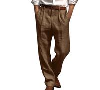 Dmmtot Pantaloni lunghi da uomo in lino, eleganti, da lavoro, formali, da ufficio, estivi, a gamba dritta, comodi, vestibilità larga, leggeri, traspiranti, taglia S-3XL, Marrone, L